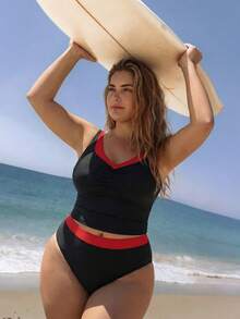 Swim SPRTY Bộ đồ bơi tankini xếp ly tương phản màu sắc dành cho nữ cỡ lớn mùa hè đi biển - màu đen - Xem 3