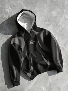 Manfinity EMRG 街头艺术图案印花连帽长袖卫衣，男士休闲套头衫，秋季款 - 彩色 - 查看 3