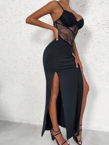 Allurite Backless Split Thigh Bustier Lace Cami Dress Maxi Women Outfit - Black - View 7