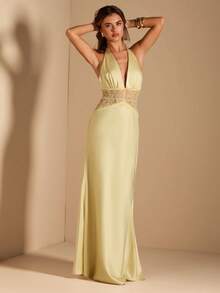 SHEIN BAE Spring & Summer Wedding Guest Dress, Pure Yellow Satin Deep V-Neck, Waist Lace Semi-Sheer Mermaid Dress, Suitable For Party, Vacation, Banquet, Wedding, Night Out, Romantic Date - Light Yellow - View 7