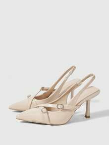 Sleekvia 女士尖头搭扣性感细高跟露跟派对通勤鞋低帮春季鞋亮面PU皮 - 杏色漆皮 - 查看 4