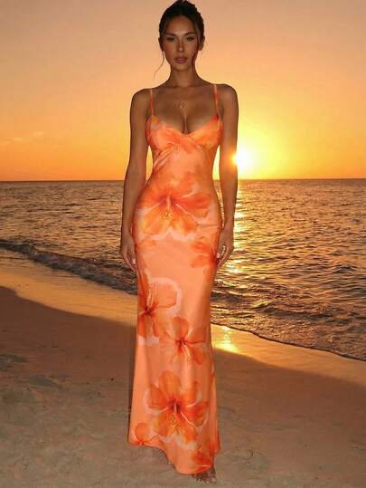 Aloruh 夏季度假吊带系带修身性感橙色芙蓉印花连衣裙，适合夏季、海滩度假、夏威夷风情花卉连衣裙、海滩、音乐节等场合