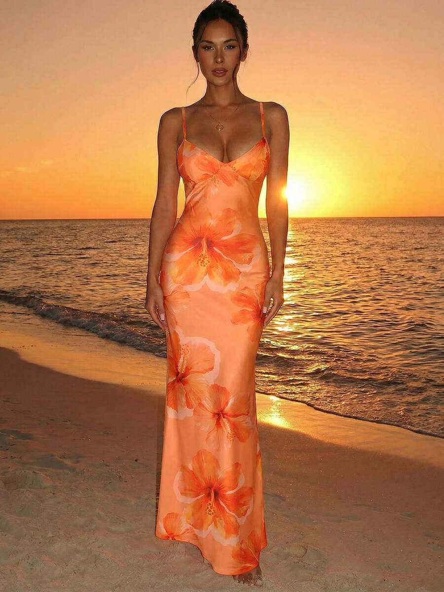Aloruh 夏季度假吊带系带修身性感橙色芙蓉印花连衣裙，适合夏季、海滩、夏威夷风情、音乐节等场合，是夏季连衣裙、度假连衣裙、女士夏季连衣裙、女士长裙、女士日落连衣裙、女士海滩套装的理想之选。 - 橘色 - 查看 1