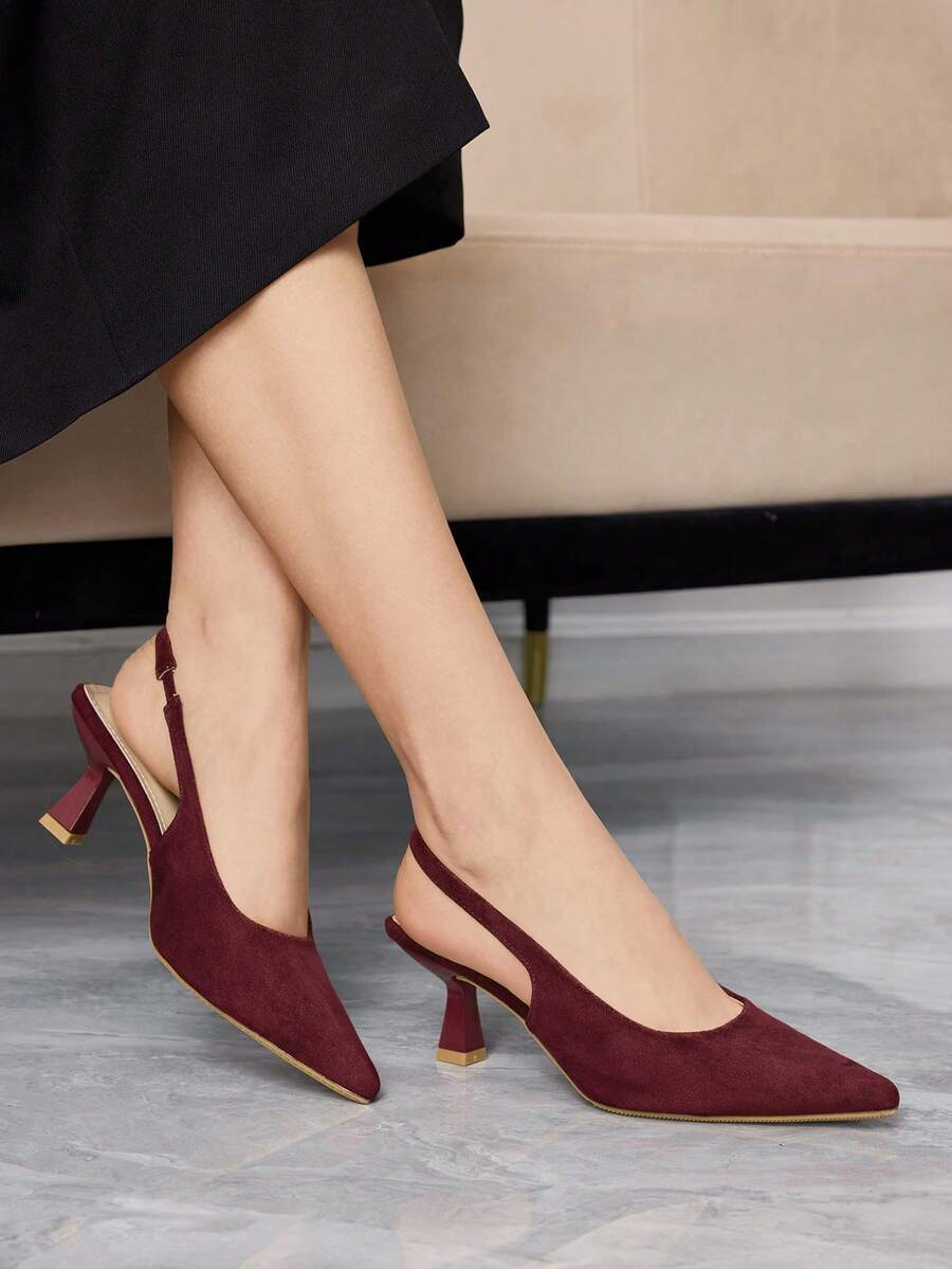 Sleekvia Women's New High-Heeled Pumps, Pointed Toe, Wine Glass Heel, Back Strap Style, Suede, Simple, Comfortable, Versatile, Elegant Office Heels - Bordeaux Red - View 1