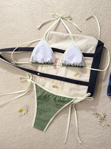 Swim Vcay 女士夏季沙滩撞色露背系带性感比基尼泳衣套装 - 軍綠色 - 查看 3