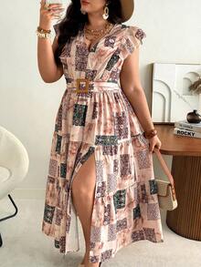 Ceyna Plus Size French Style Vacation Bohemian Floral Print Dress, Spring/Summer Women's Dress Women Clothes Dress Women Summer Outfits Women Vacation Outfit Women Summer Dresses Women's Summer Dresses Latest Dress Style For Women Resort Wear Women Vacation Dress Bohemian Outfit For Women Dress Boho - Mocha Brown - View 1