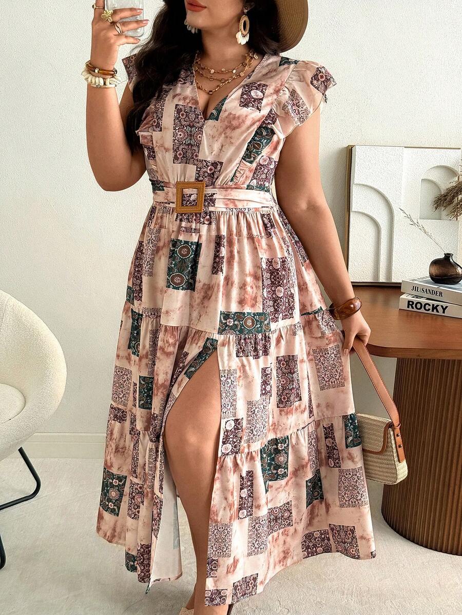 Ceyna Plus Size French Style Vacation Bohemian Floral Print Dress, Spring/Summer Women's Dress Women Clothes Dress Women Summer Outfits Women Vacation Outfit Women Summer Dresses Women's Summer Dresses Latest Dress Style For Women Resort Wear Women Vacation Dress Bohemian Outfit For Women Dress Boho - Mocha Brown - View 1