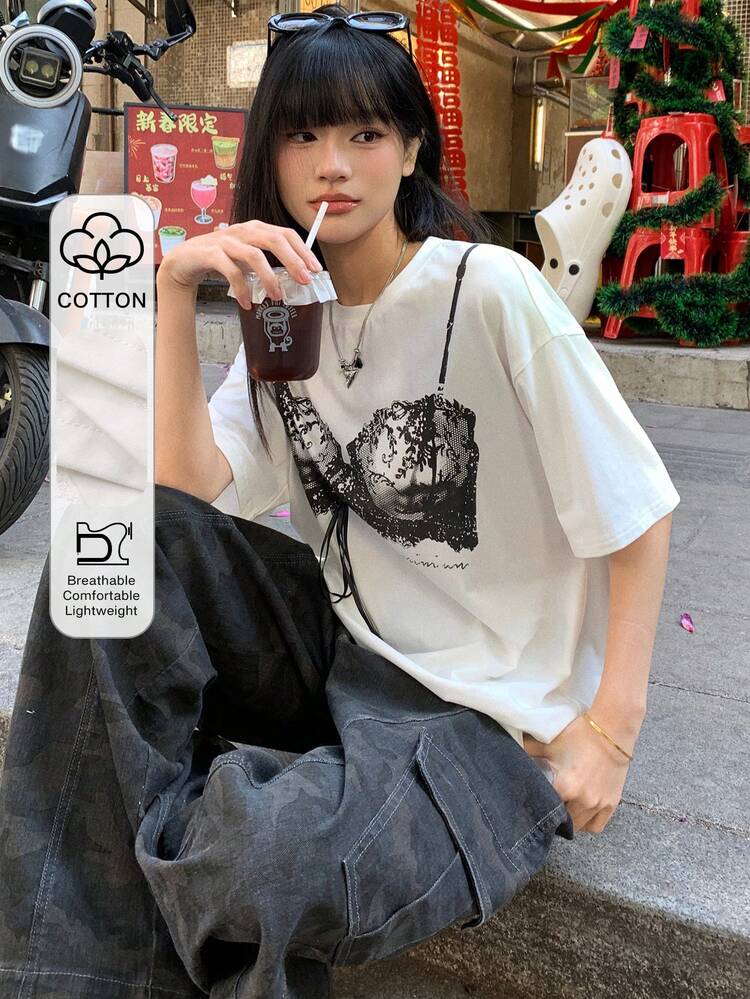 Women's Round Neck Lace Print 2 In 1 Short Sleeve T-Shirt, Korean Style Graphic Tees Women
