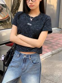 DAZY 女士圆领字母图案休闲百搭日常短袖T恤 - 黑色 - 查看 6