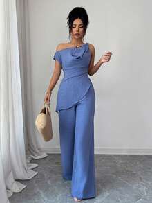 SHEIN Elenzya New Summer Draped Neck Faux Linen Bamboo Knot Denim Blue 2 Pieces Set, Suitable For Travel And Photography, Elegant Deep Sea Blue Asymmetric Shoulder Top + High Waist Casual Pants - Blue - View 1