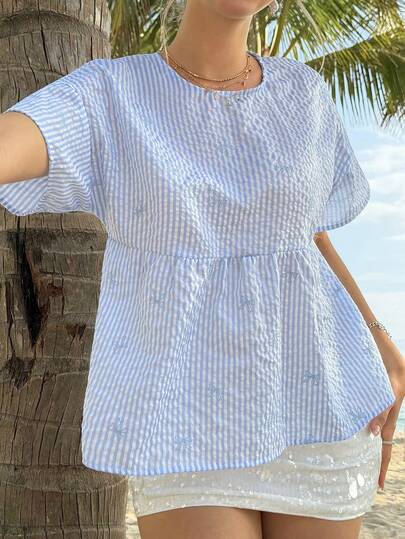  MainGRL 2026 Spring/Summer Blue & White Striped Embroidered Bow Business Blouse, Round Neck Short Sleeve Peplum Top, Perfect For Beach Vacation, Brunch & Casual Outings, Sweet Vacation