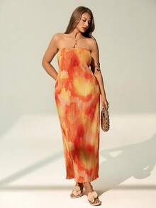 Auralis Plus Size Floral Print Backless Halter Dress, Casual Holiday Tequila Sunrise Dress Sunset Dress Open Back Summer Dress Backless Sundress Orange Beach Dress Spring/Summer Elegant Vacation Dresses For Women Wedding Guest Dress For Women Graduation Dress For Women Festival Outfits For Women Beach Outfits For Women Summer Clothes Summer Dresses - Orange - View 3