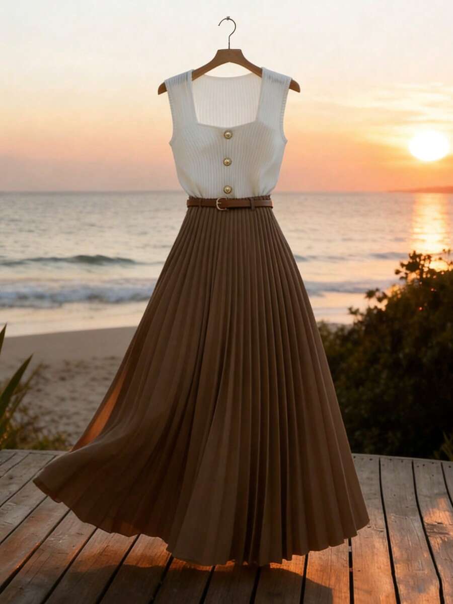 GlowEve Women's Square Neck Sleeveless White Top And Brown Pleated Skirt Elegant 2-Piece Set - Multicolor - View 1