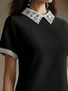 Anewsta Summer Elegant Contrast Color Block Studded Decorated Dress - Black - View 4