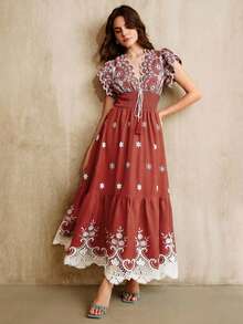 Anewsta Vintage Embroidered Lace Patchwork V-Neck Short Sleeve Waist Cinched Maxi Dress - Red - View 6