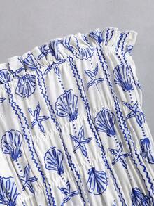 Sweetra 休闲简约通勤百搭法式优雅蓝色印花度假风束腰修身直筒时尚街头风女式连体裤 - 藍色 - 查看 4