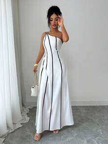 SHEIN Elenzya 女士优雅无袖黑白条纹连衣裙，休闲沙滩度假约会日常穿着 - 黑與白 - 查看 7