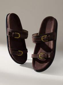 Solecia Dép xăng đan đế bằng thoải mái màu nâu cà phê dành cho nữ. - Cà phê nâu - Xem 2