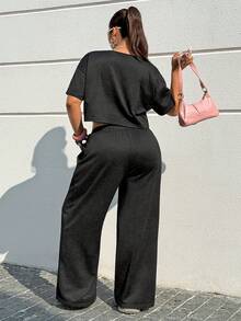 Muchica 大码女式圆领短袖露脐T恤和阔腿裤休闲两件套 - 黑色 - 查看 2
