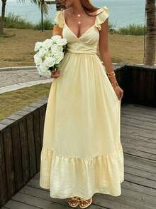 Livesso Summer Vacation Outfit Yellow Cap Sleeve V-Neck Solid Color Mid-Length Dress For Women Boho Sun Dresses For Women - Pale Yellow - View 6