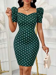 SHEIN Lady 优雅波点印花修身连衣裙，适合夏季通勤 - 綠色 - 查看 4