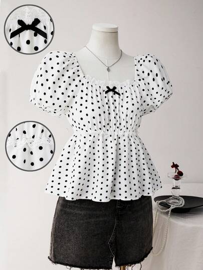 SHEIN Sparklyn قطعة واحدة، ملابس علوية فتاة بطراز حلو وعتيق: تشطيب باللؤلؤ + نقاط بيضاء، أكمام قصيرة منتفخة وياقة مربعة وخصر مجمع، قماش رقيق غير كثيف، ملابس علوية فضفاضة ناعمة، للمواعيد والخروجات اليومية، للربيع والصيف