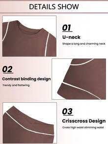 Dewbera 女士圆领撞色短袖上衣搭配不对称腰部喇叭裤休闲运动套装 - 摩卡棕 - 查看 4