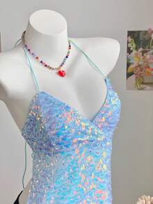 SHEIN Comfortcana 女士亮片性感百搭露背系带短款上衣 - 藍色 - 查看 1