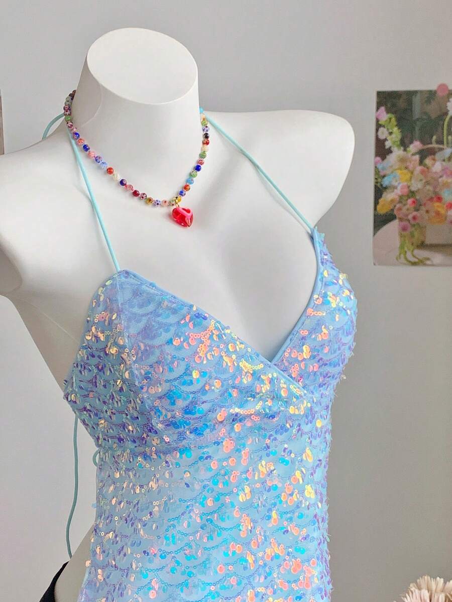 SHEIN Comfortcana 女士亮片性感百搭露背系带短款上衣 - 藍色 - 查看 1