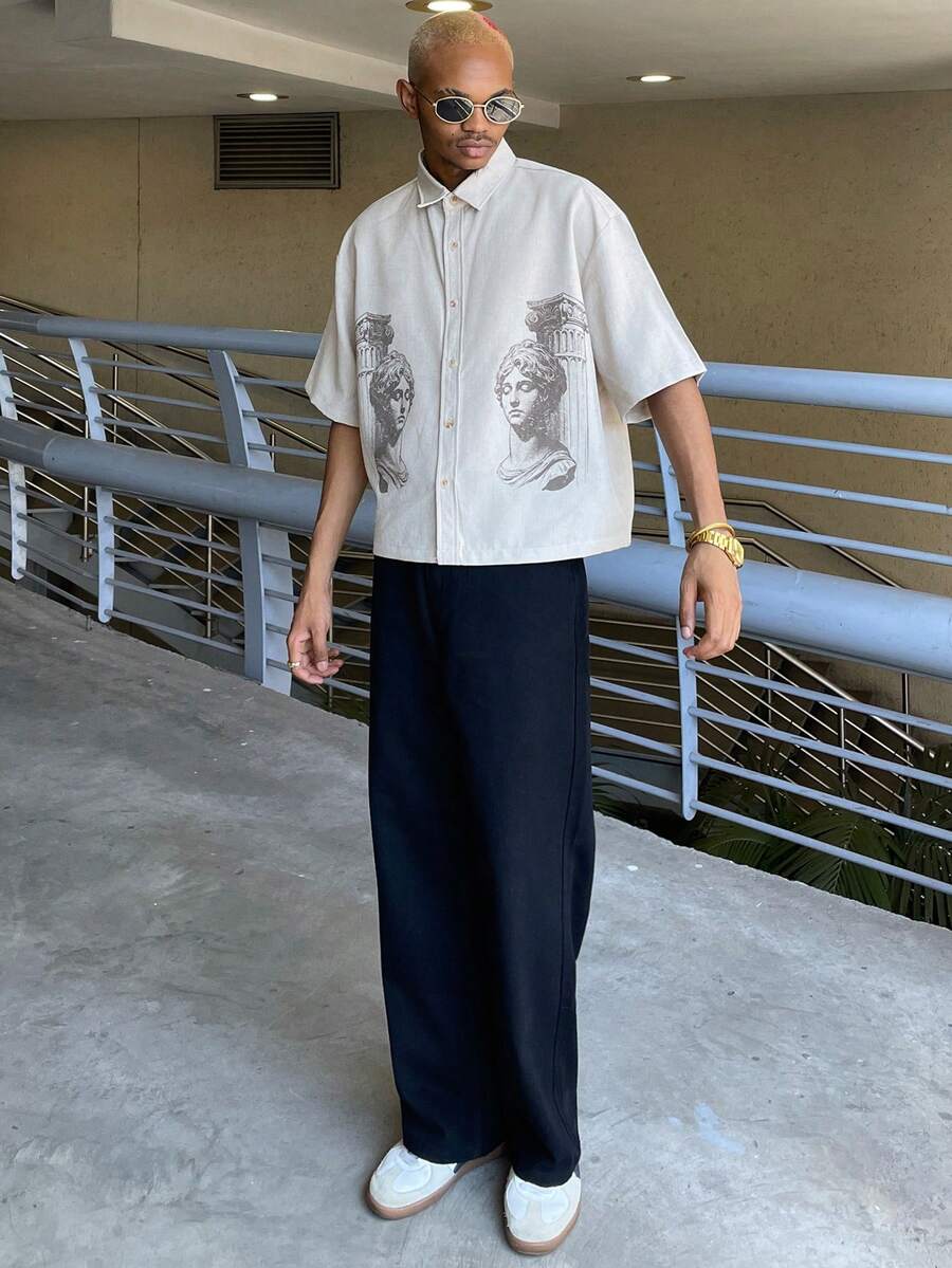 Ngobest Haus Ngobest Haus 男士罗马肖像印花短袖单排扣休闲衬衫 - 杏色 - 查看 1