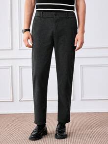 Officeau Men's Solid Color Slant Pocket Straight Leg Casual Pants, Suitable For Commuting - Black - View 4