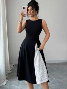 Elenzga 女士优雅通勤简约黑色圆领无袖A字蕾丝拼接修身长裙，春夏款 - 黑色 - 查看 1