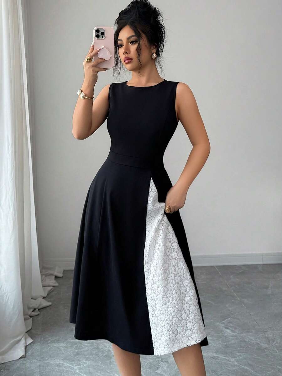 Elenzga 女士优雅通勤简约黑色圆领无袖A字蕾丝拼接修身长裙，春夏款 - 黑色 - 查看 1