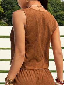 SHEIN EZwear 女士麂皮刺绣无袖背心，卡其色 - 摩卡棕 - 查看 3