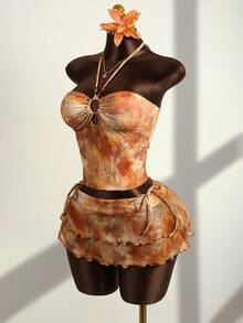 Zestiva 女士三件套泳装，扎染印花，串珠挂脖式领口，收腰设计，搭配多层吊带裙，夏季款 - 橘色 - 查看 3