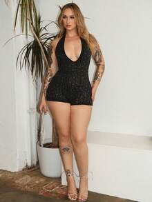 Arliah 女士性感水钻装饰深V领露背连体衣 - 黑色 - 查看 4