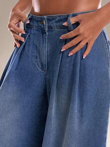 Avantive Quần jeans nữ ống rộng xếp ly, dáng suông, thoải mái, đa năng. - Rửa trung bình - Xem 6