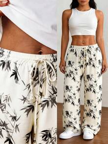 Breezaya Plus Size Women's Satin Printed Pants, Spring/Summer - Apricot - View 1