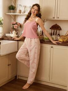 Tulorae 3pcs Colorblock Crinkle Fabric Bow Print Pajama Set For Women - Pink - View 5