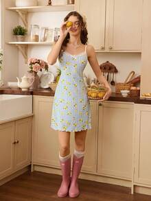 CottageSlumber Blue Plaid Lemon Print V-Back Bow Decor Romantic Countryside Style Women Nightgown - Multicolor - View 5