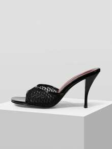 Mnmlis 女士高跟凉鞋春夏新款网面性感优雅风格套脚派对穿搭细高跟凉拖鞋 - 黑色 - 查看 1