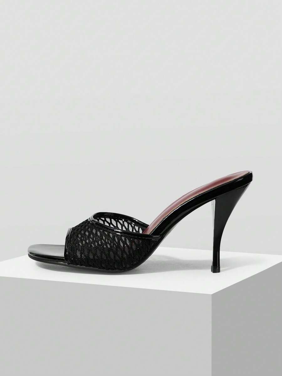 Mnmlis 女士高跟凉鞋春夏新款网面性感优雅风格套脚派对穿搭细高跟凉拖鞋 - 黑色 - 查看 1