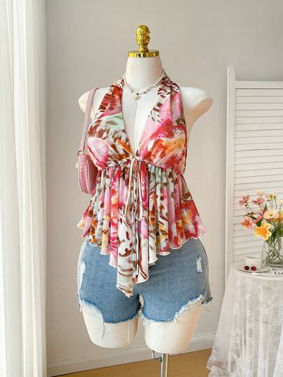 Comfortcana Plus Size Women Leopard Print & Tropical Floral Pattern Halter Neck Tie Ruffle Hem Blouse, Spring/Summer 2026 New Arrival Beach Outfit For Women Summer Tops For Women Vacation