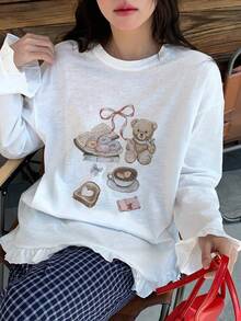 DAZY Áo thun nữ tay dài cổ tròn kiểu Hàn Quốc, họa tiết hoa, xếp bèo. - trắng - Xem 6