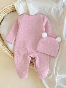 2 pièces/set Barboteuse à manches longues et pieds pour nouveau-né, motif cœur rose et nuage, doux et confortable, idéal pour la maison, meilleur cadeau pour les nouveau-nés - Blanc - Voir 2