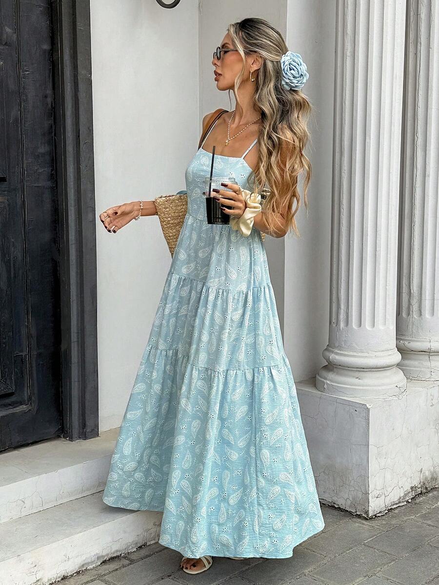 Pariaura Đầm slip nữ đi nghỉ mát, thêu họa tiết hạt điều, xếp ly, kiểu dáng thường ngày. - Màu xanh lam - Xem 1