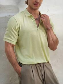 Airaco 夏季庆典季薄荷绿半拉链纹理 Polo 衫，男士海滩度假装扮 - 綠色 - 查看 3
