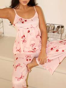 樱桃印花吊带背心和裤子睡衣套装（女士） - 粉色 - 查看 1