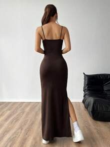 SHEIN EZwear Women's Solid Color High Slit Sleeveless Dress, Coffee Brown, Spring/Summer,Summer Dresses For Women - Coffee Brown - View 2