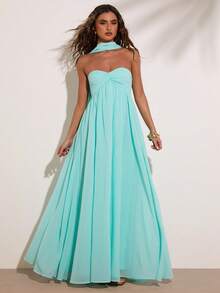 SHEIN BAE Đầm nữ màu xanh lá cây trơn không dây vai, thắt cổ, thích hợp cho kỳ nghỉ biển, khu nghỉ dưỡng biển, kỳ nghỉ thường ngày, tụ họp bạn bè, chuyến đi cuối tuần, đầm đi biển, đầm đi nghỉ mát, đầm xanh lam pha xanh lá cây, phong cách Y2K, đầm dự lễ hội âm nhạc, đầm thanh lịch. - màu xanh lá - Xem 6
